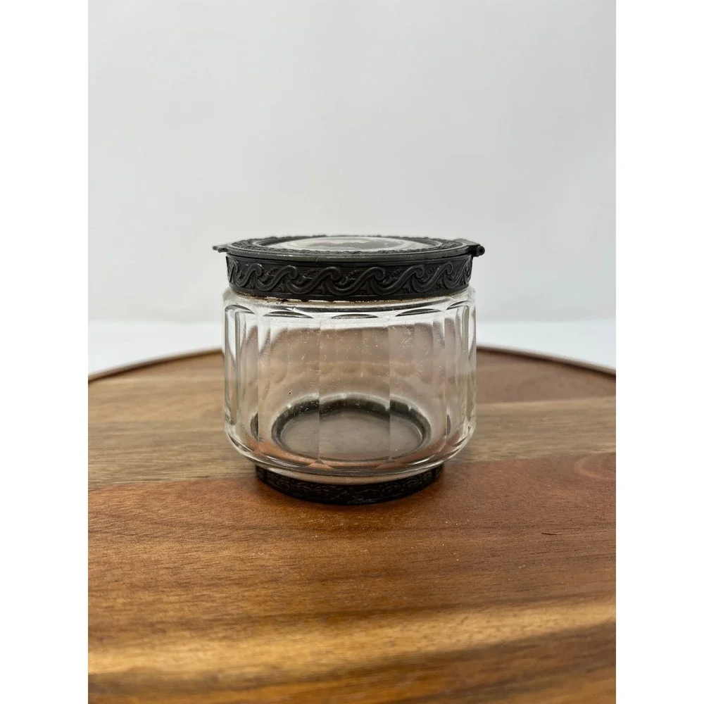 Antique Glass Jar Ornate Metal Lid Portrait Miniature Art Deco Vanity‎ Container